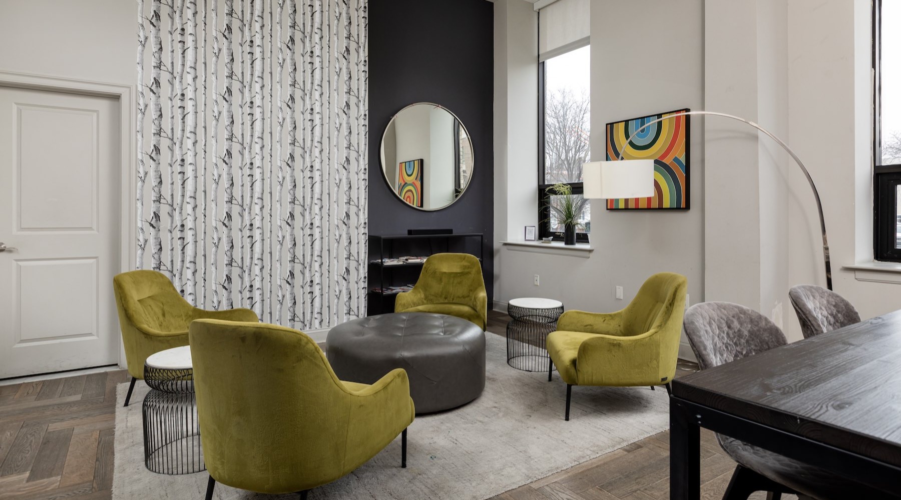a clubroom with chairs and tables