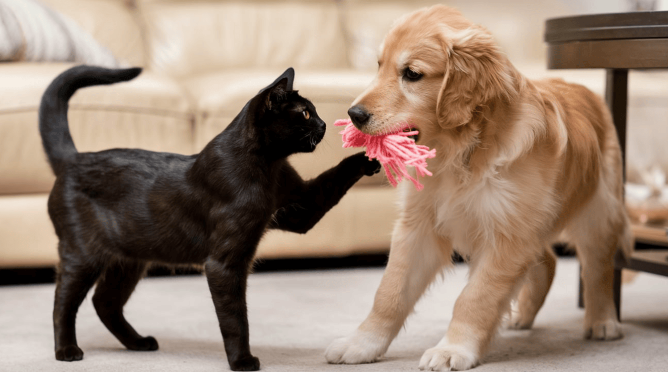 Black cat and golden retriever puppy sharing pink rope toy indoors